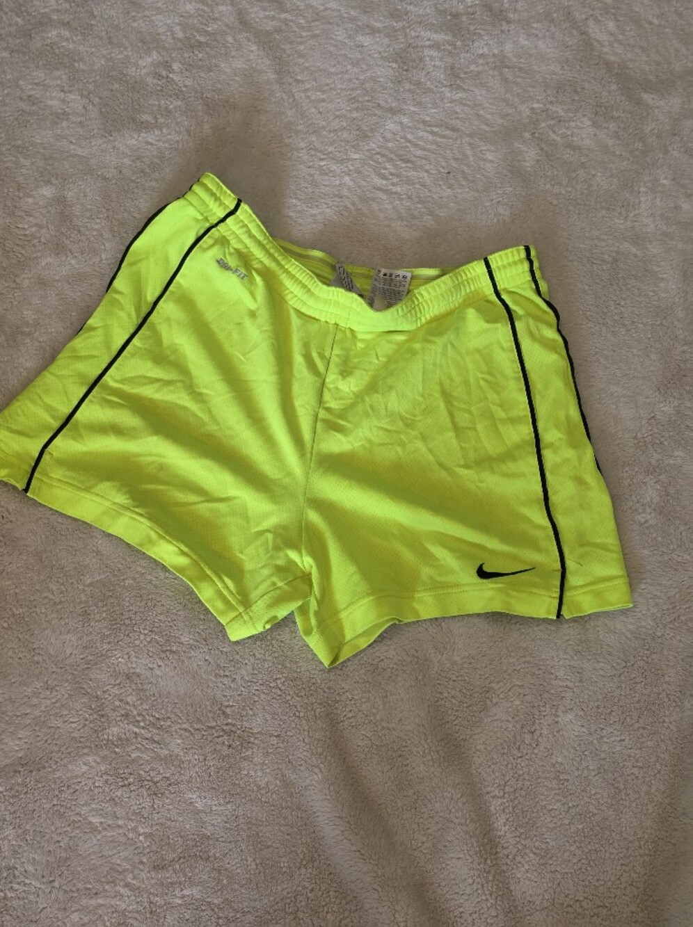 Nike Women's Neon Yellow Athletic Shorts with Black Trim